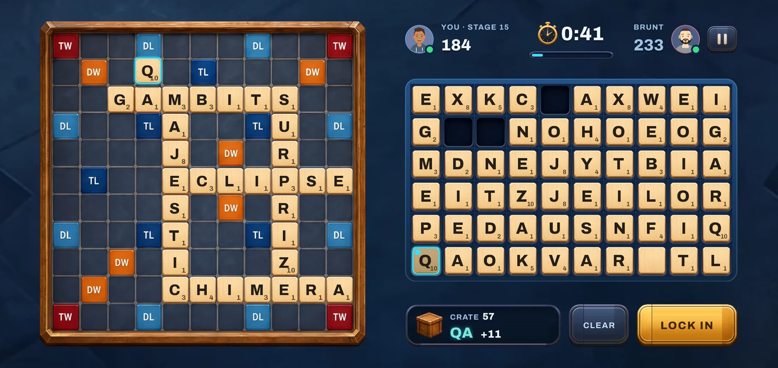 Mid-round: empty slots in the crate where tiles were taken, and the rival's score climbing.