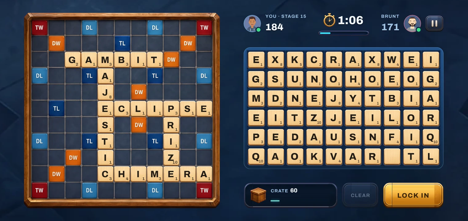 A TileGrab round: the board on the left, the shared crate of letter tiles on the right, both scores and the clock above.